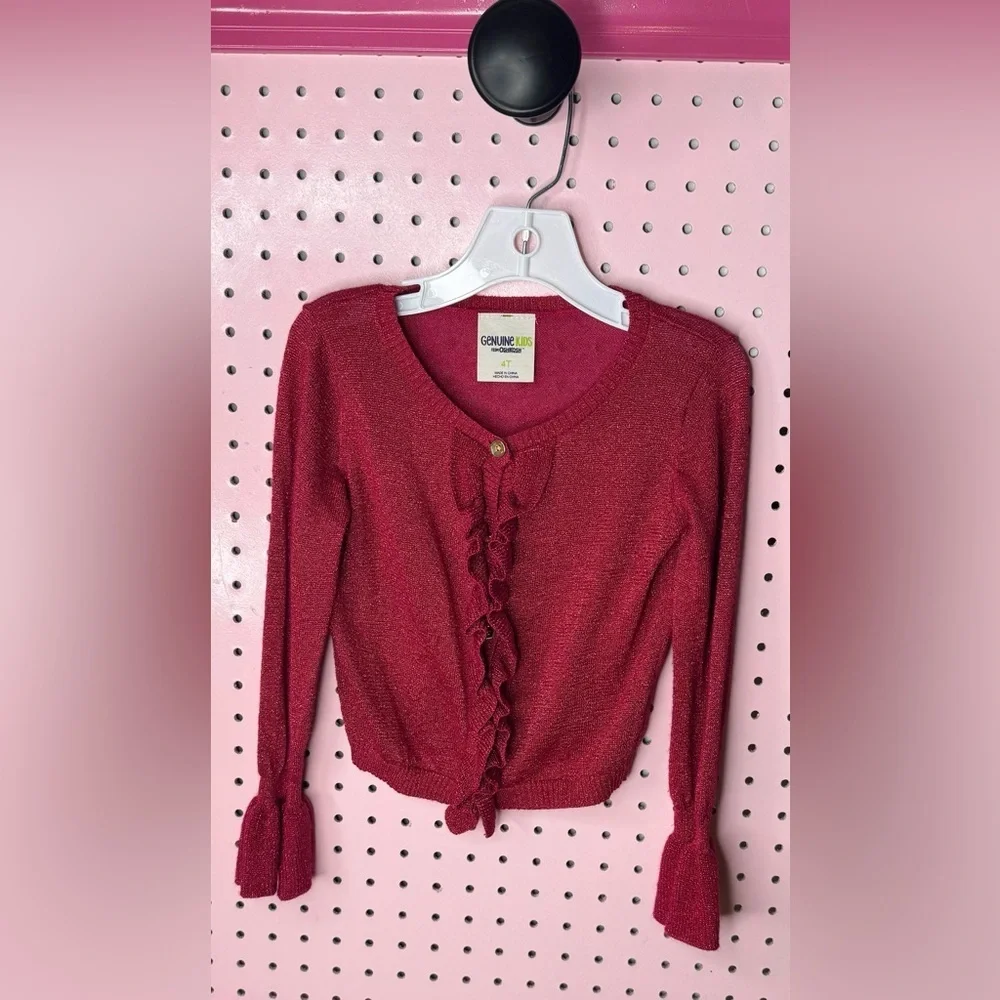 OshKosh B’gosh Girls Red Metallic Ruffle Cardigan Sweater Size 4T Classic Preppy
